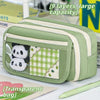 A light green pencil case with a transparent flip pocket featuring panda designs and a checkered pattern.