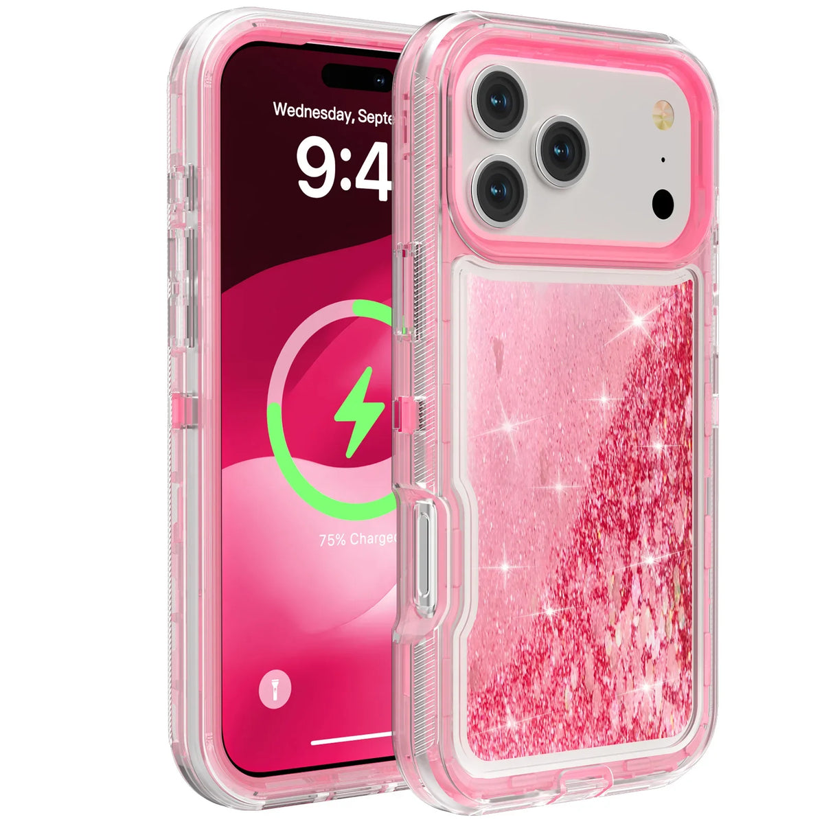 A clear pink glitter liquid phone case protecting a smartphone displaying a time and battery percentage.
