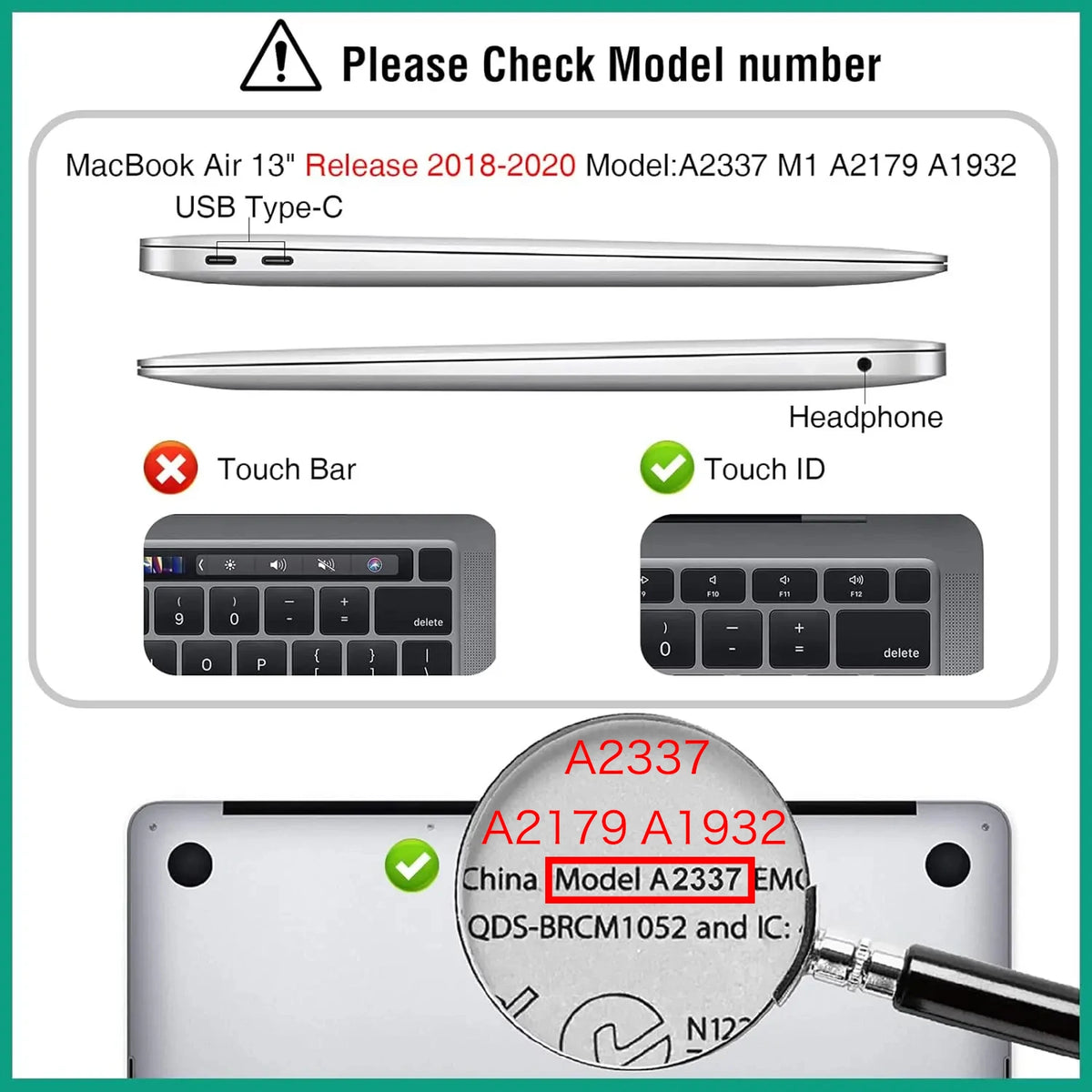 A close-up of a MacBook Air 13 inch M1 with a crystal clear hard shell case, showing the model number A2337.
