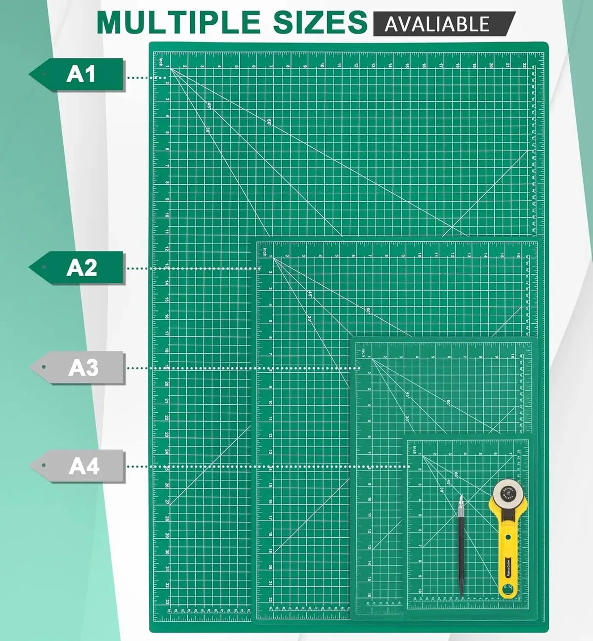 A green cutting mat with multiple sizes A1 through A4 available, showing various grid patterns and tools.