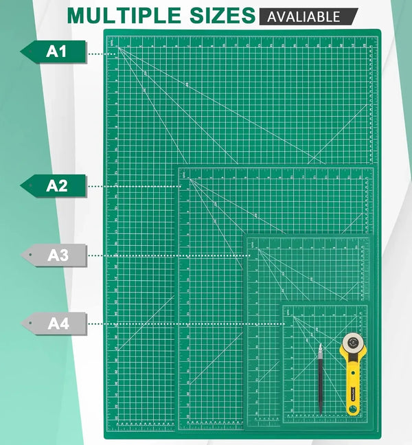 A green cutting mat with multiple sizes A1 through A4 available, showing various grid patterns and tools.