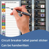 A hand is writing a label onto a grid next to electrical circuit breakers in a panel.