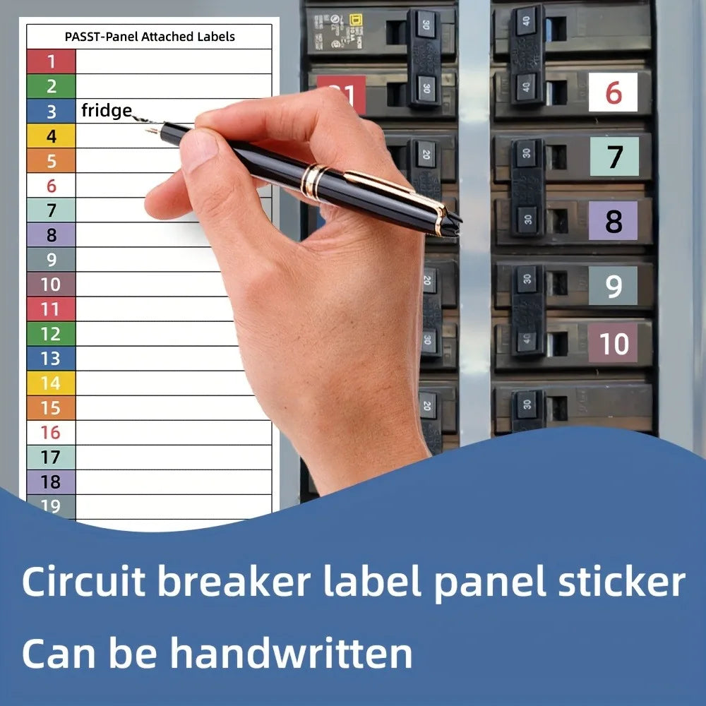 A hand is writing a label onto a grid next to electrical circuit breakers in a panel.