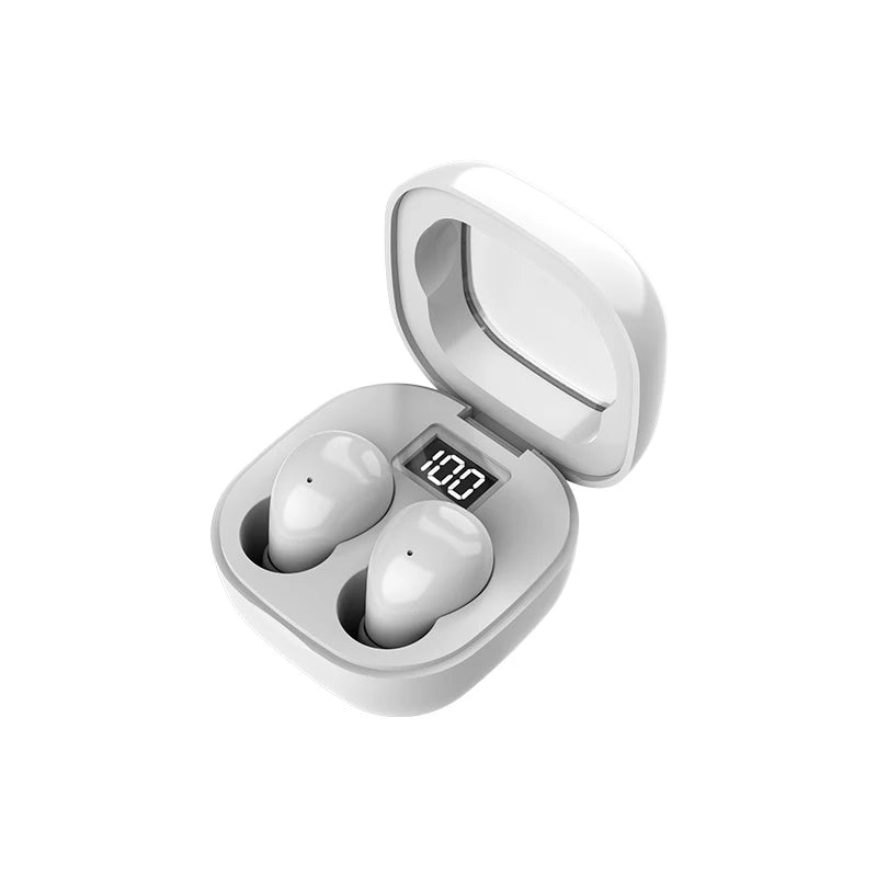 White mini Bluetooth earphones open showing a battery level of 100%