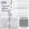 A marble-patterned A5 budget binder with numbered pages and a tracker for a 100 envelope saving challenge.