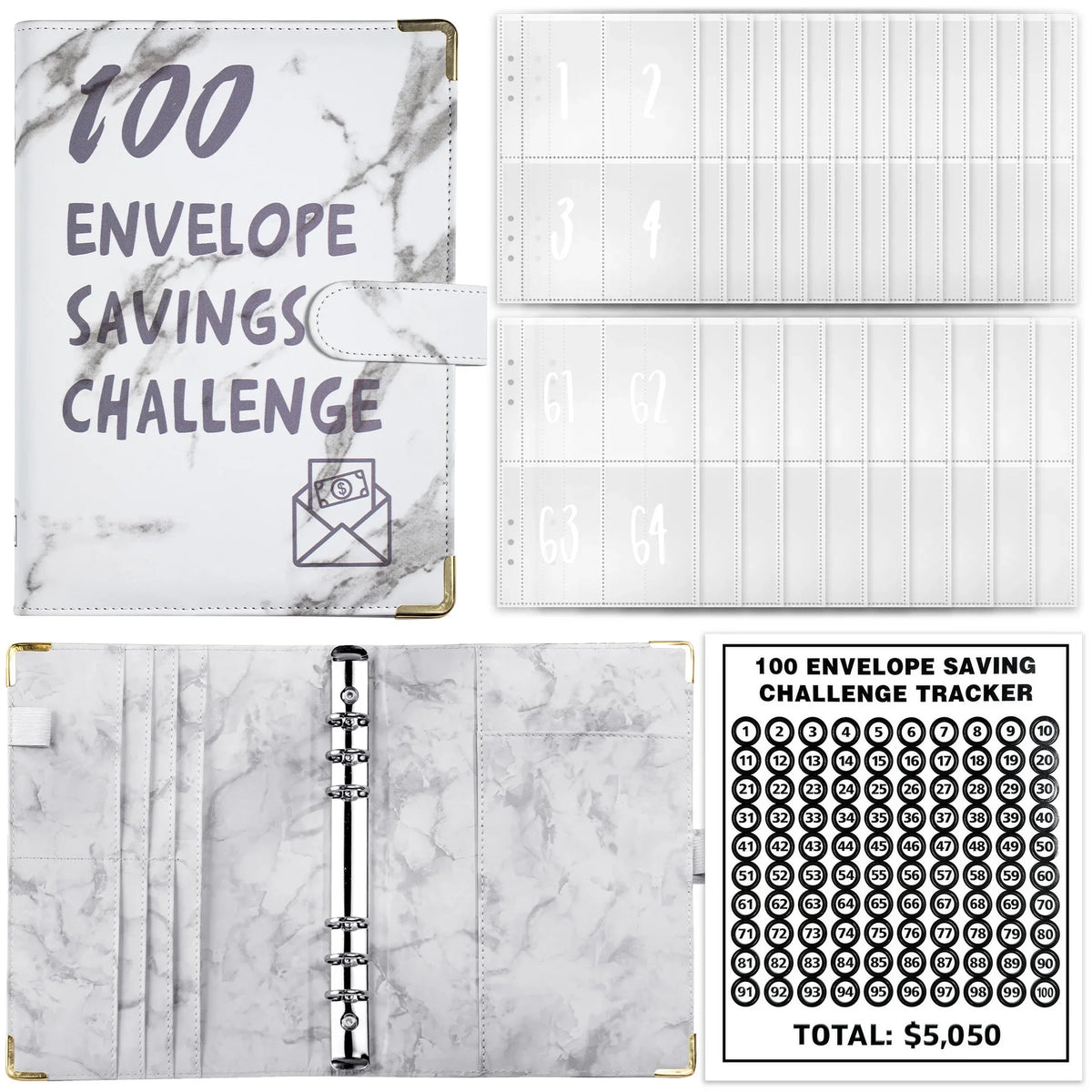 A marble-patterned A5 budget binder with numbered pages and a tracker for a 100 envelope saving challenge.