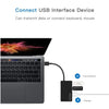 A black USB 3.0 hub is shown connected to a laptop, with ports for data transmission and charging.
