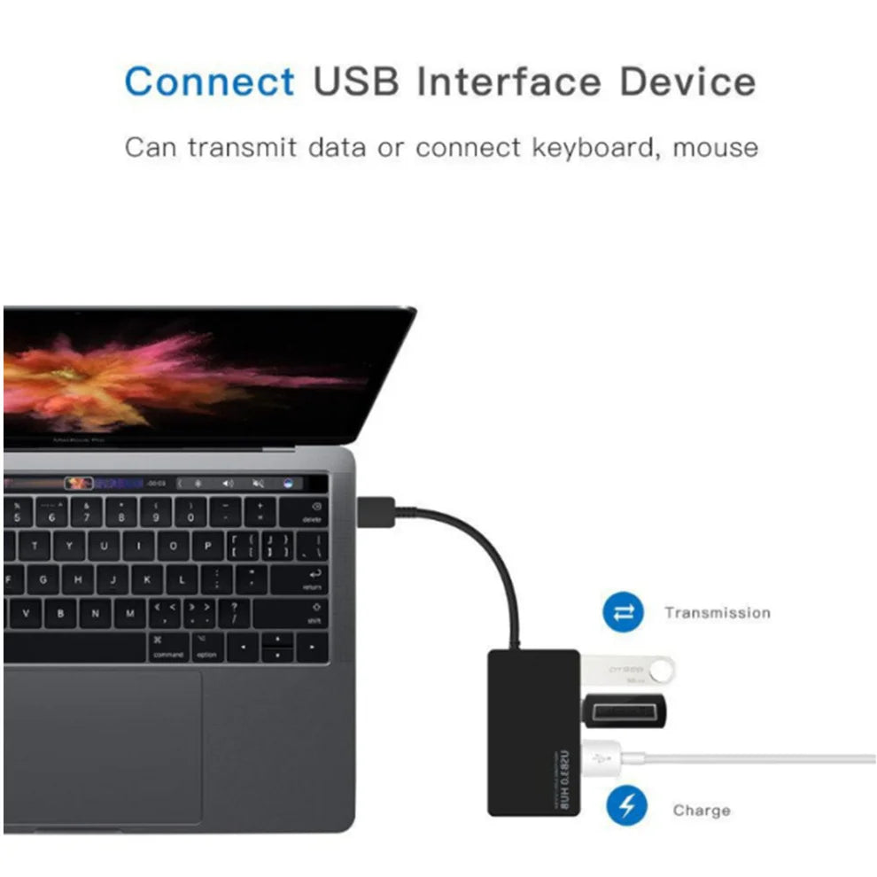 A black USB 3.0 hub is shown connected to a laptop, with ports for data transmission and charging.