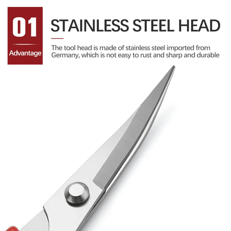 A close-up view of a stainless steel embroidery scissors tool head.