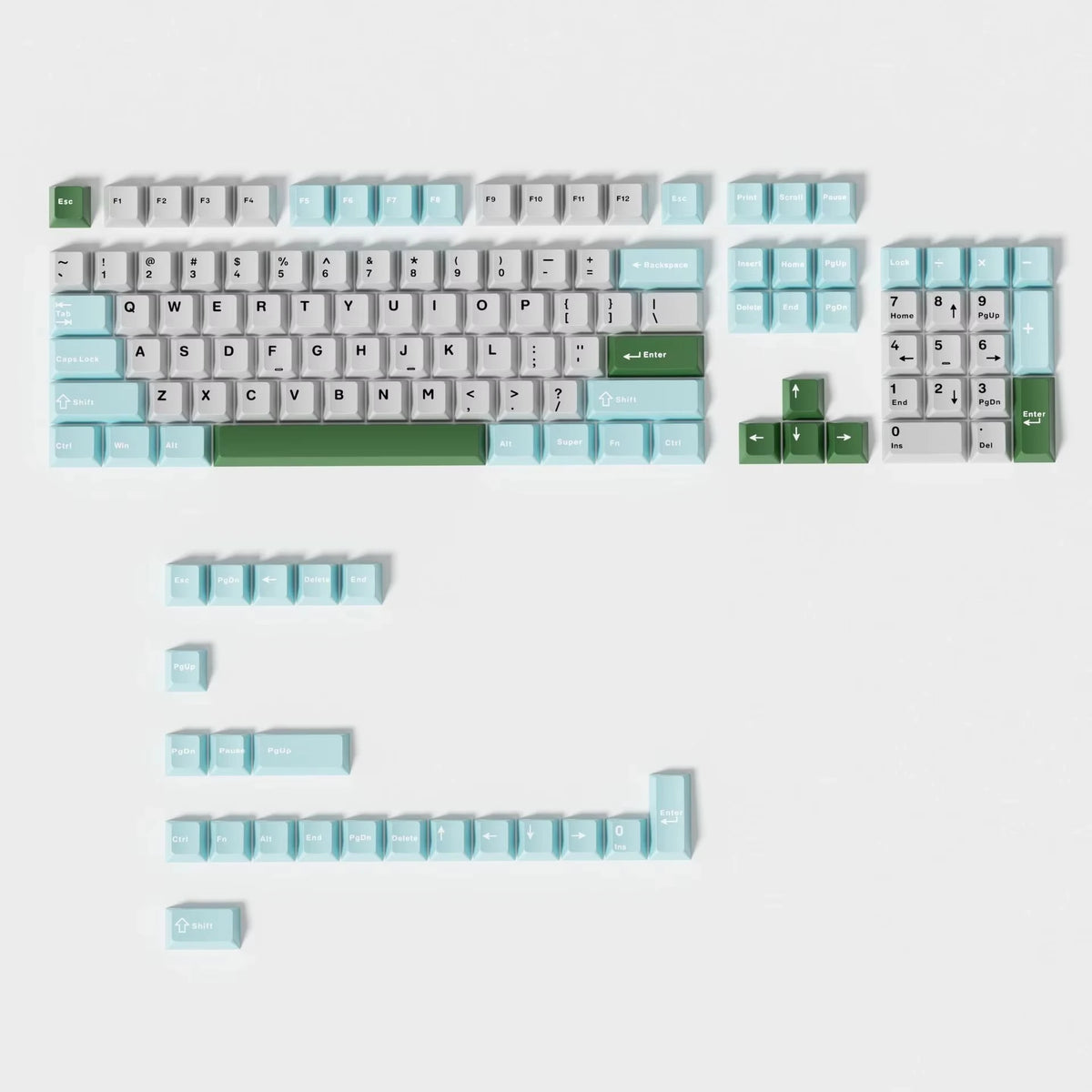 A set of dark blue PBT keycaps with cherry profile for mechanical keyboards, arranged in various layouts.