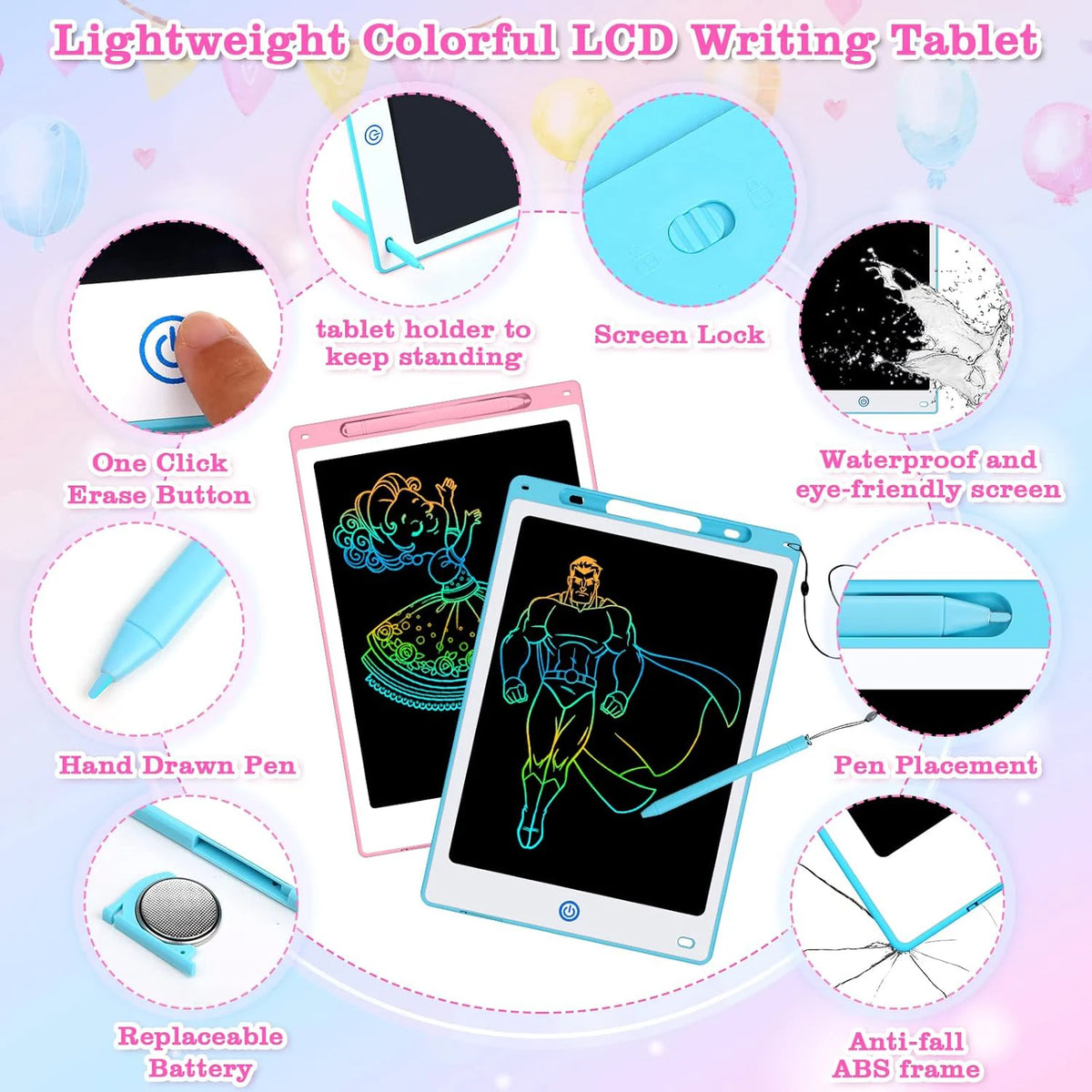 Zubehör und Funktionen für ein leichtes, farbenfrohes LCD-Schreibtablet, einschließlich Halter, Bildschirm-Sperre und ...