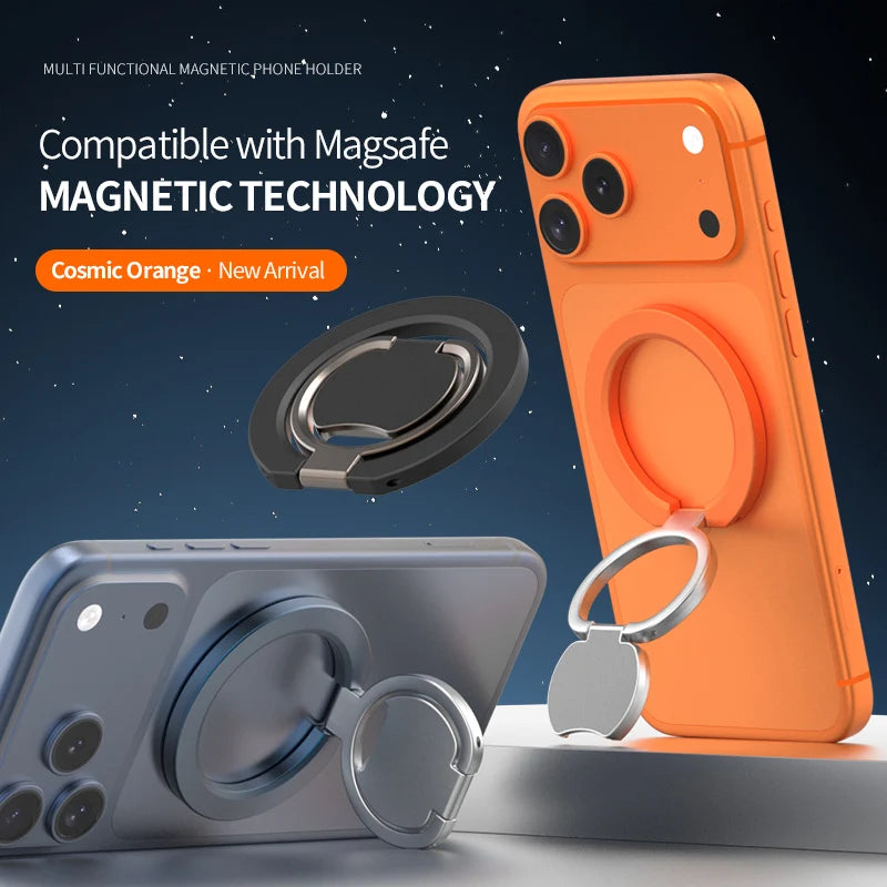 An orange phone case is shown with a magnetic holder and kickstand, next to a silver phone case.