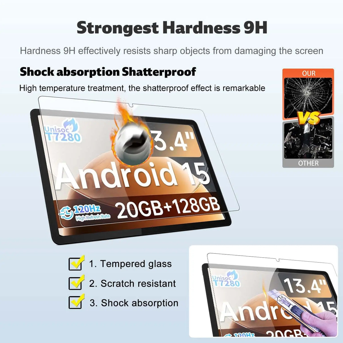 A close-up of a tempered glass screen protector for an Android tablet, highlighting its hardness and shock absorption feature