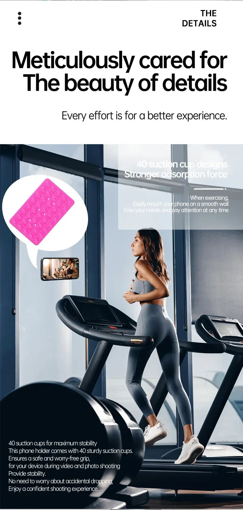 A woman is using a silicone suction cup phone holder on a workout machine, demonstrating its stability for exercising.