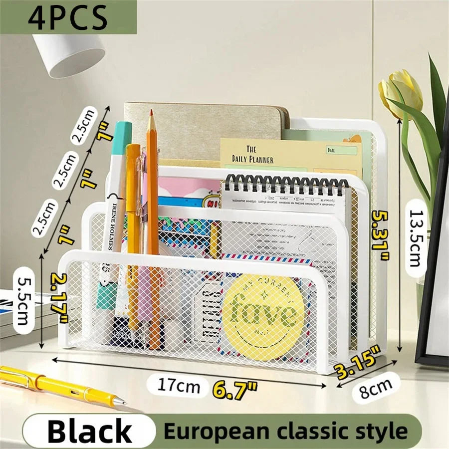 Black European classic style metal mesh desk file organizer holding pens and paper