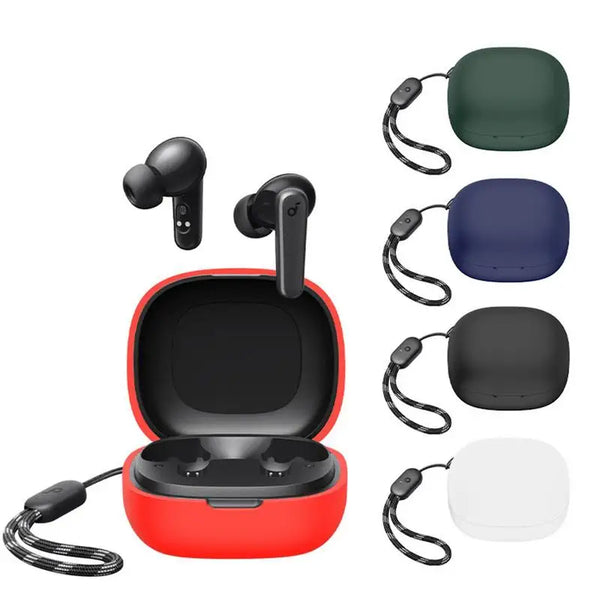 A silicone protective case for Soundcore P20i earbuds shown with various colored cases and a red charging case.