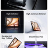 Product features showing high definition, aluminum material, durability, and explosion-proof design of a tempered glass scree