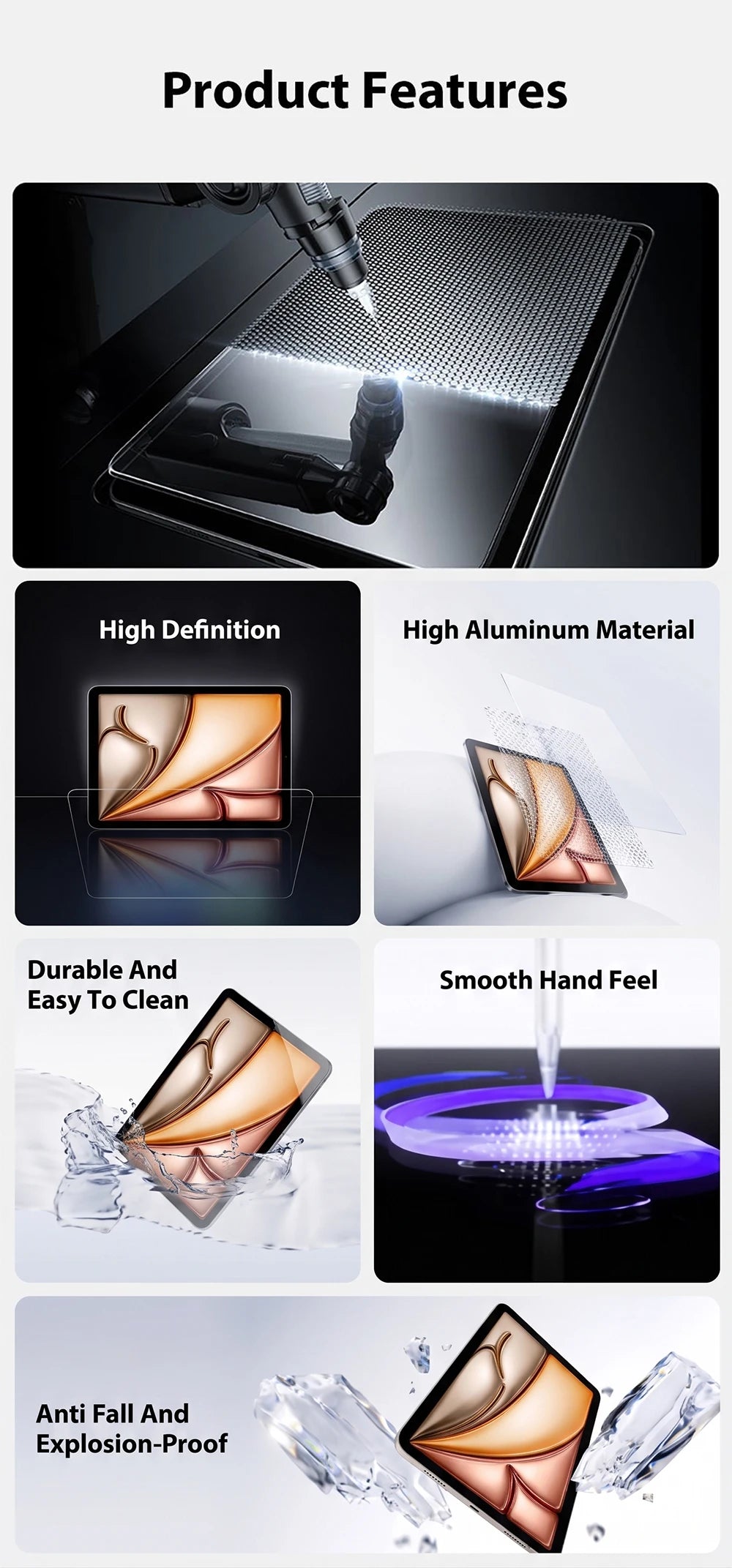 Product features showing high definition, aluminum material, durability, and explosion-proof design of a tempered glass scree