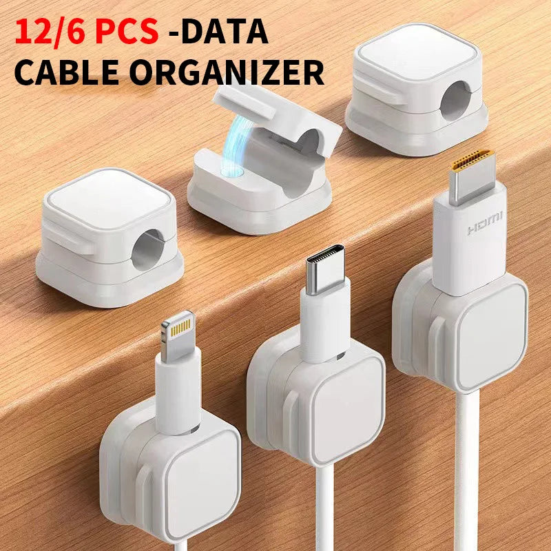 A set of 12/6 pcs data cable organizers and magnetic clips for managing charging cables.