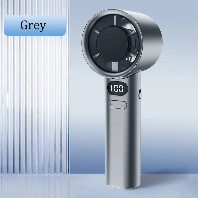 A silver handheld bladeless cooling fan with a round grille and a digital display showing 100.