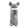 A gray plush dog toy with large ears and a white muzzle, used as a pencil case.