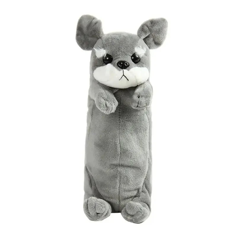 A gray plush dog toy with large ears and a white muzzle, used as a pencil case.