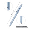 A light blue fine point gel pen with a soft grip shown in various views and dimensions.