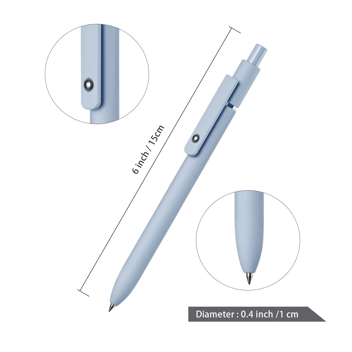 A light blue fine point gel pen with a soft grip shown in various views and dimensions.