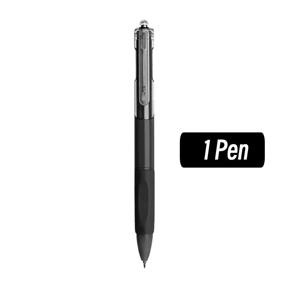 A black fine point ballpoint pen is shown against a white background.