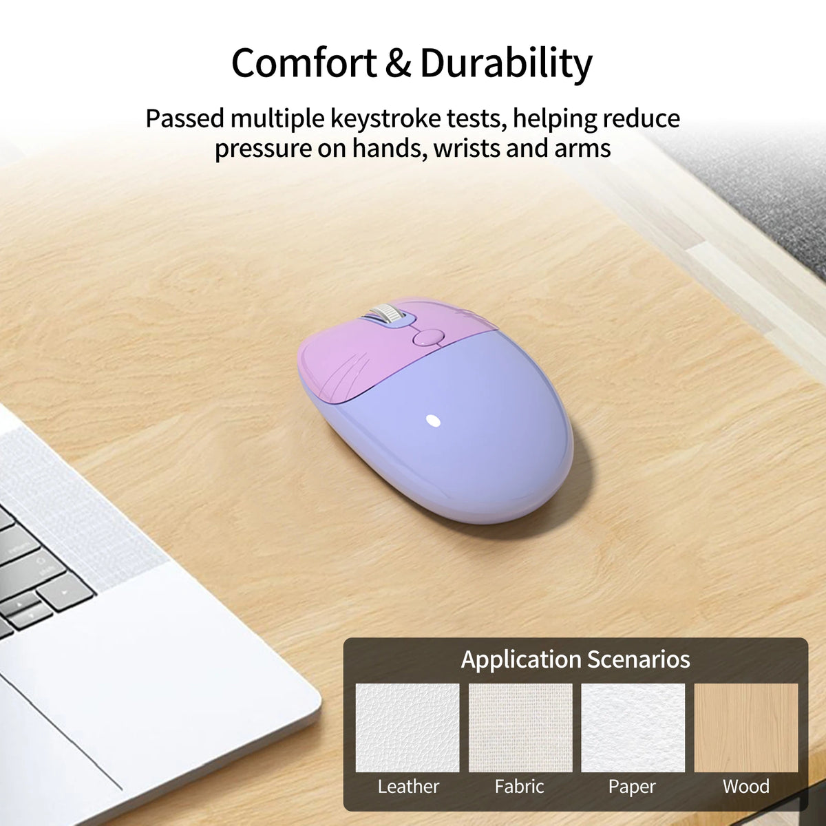 A purple gradient cat-shaped wireless mouse resting on a wooden desk next to a laptop.