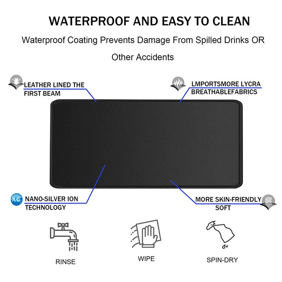 Black waterproof desk mat featuring leather lining, nano-silver ion technology, and breathable fabrics for easy cleaning.