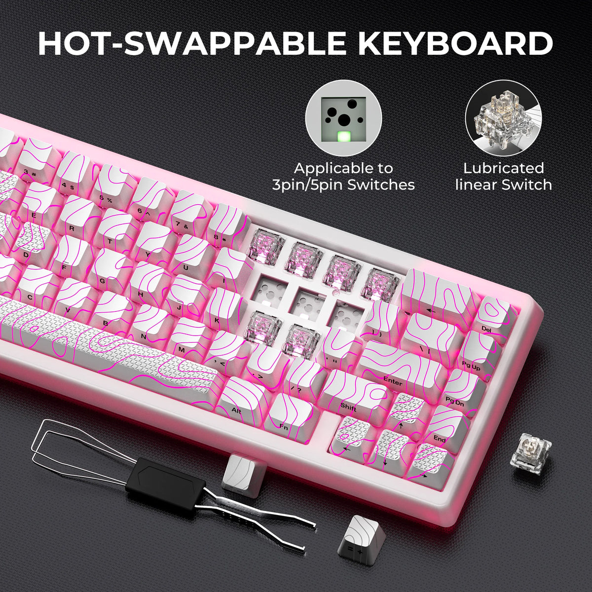 A pink hot-swappable mechanical keyboard with linear switches and a switch removal tool.