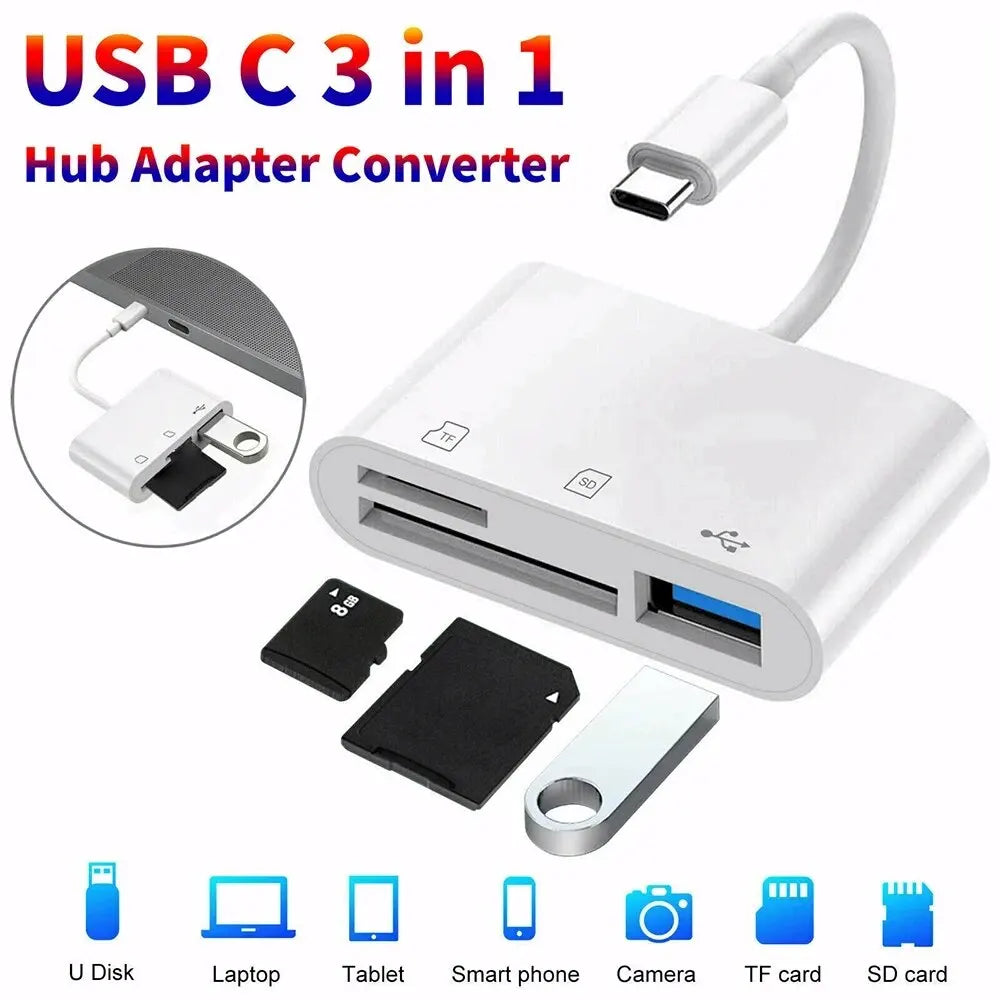 A white USB C 3 in 1 Hub Adapter Converter with multiple memory card readers including U disk, laptop, tablet, smartphone, ca