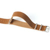 A brown PU leather watch strap with silver buckle and rivets.