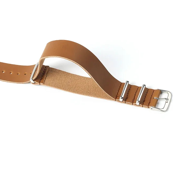 A brown PU leather watch strap with silver buckle and rivets.