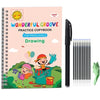 A pink practice copybook titled Wonderful Groove Drawing for preschoolers with a black pen and a set of colored pencils.