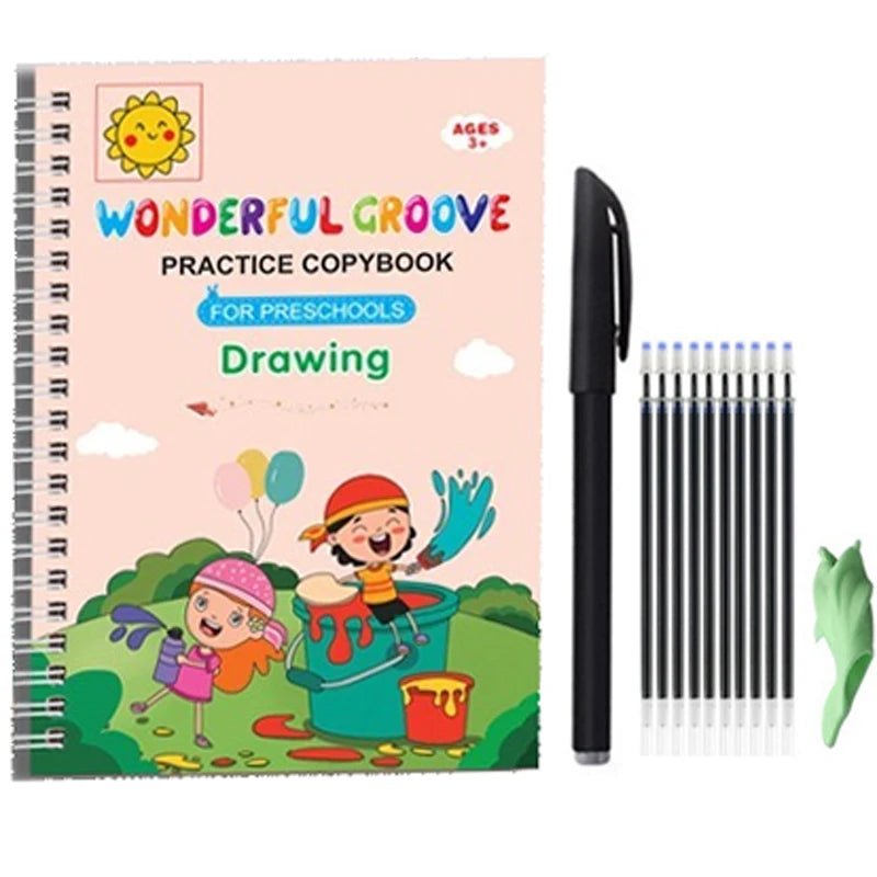 A pink practice copybook titled Wonderful Groove Drawing for preschoolers with a black pen and a set of colored pencils.