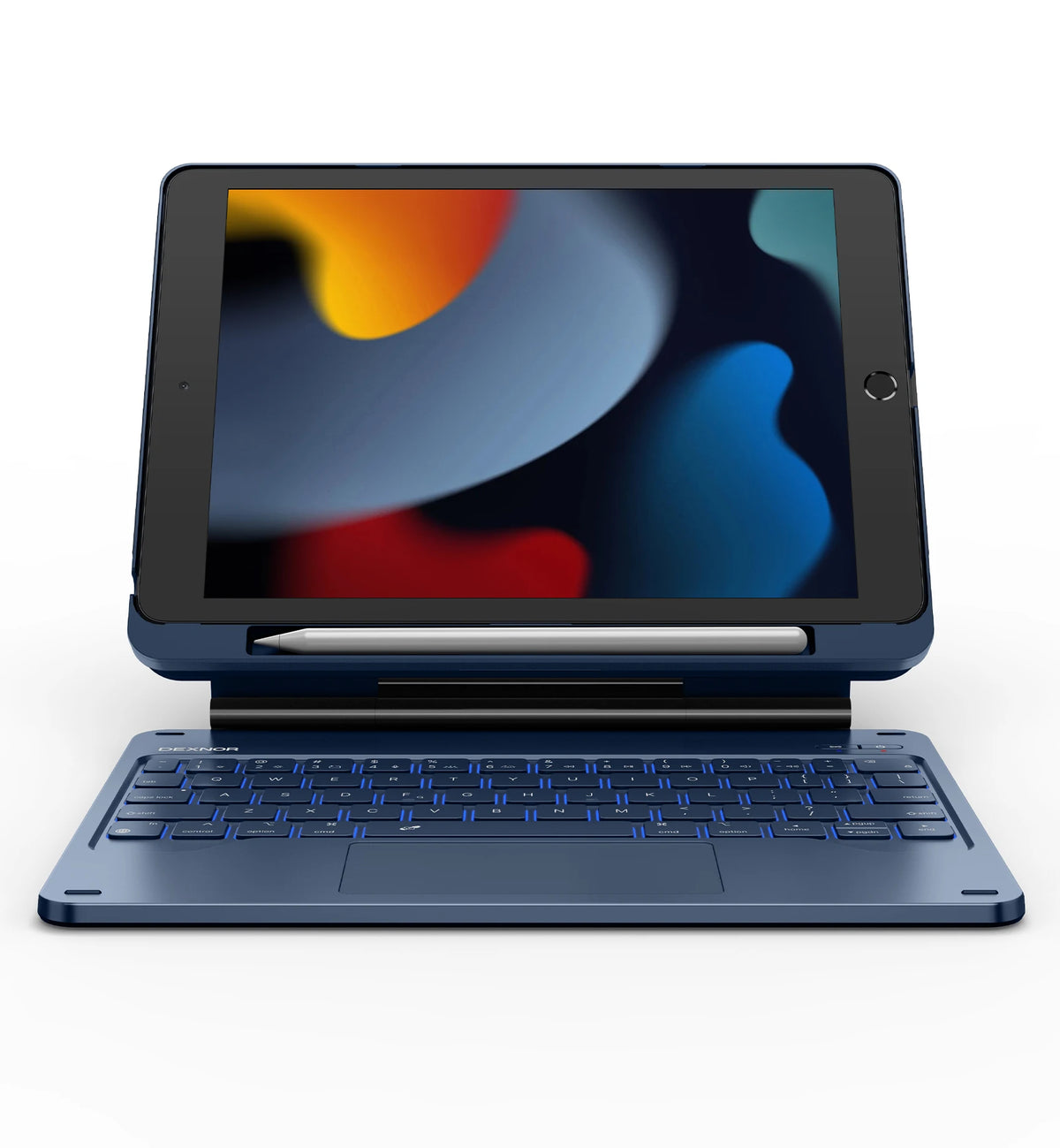 A blue magnetic keyboard case for an iPad with a floating wireless stand.