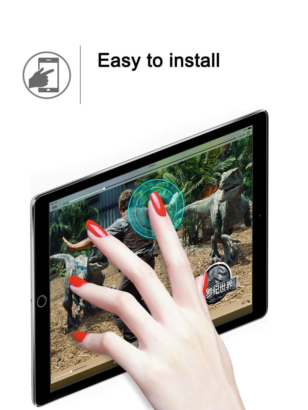 A hand is installing an HD tempered glass screen protector on an iPad, demonstrating the easy installation process.