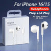 White headphones packaged for iPhone 16/15 plug and play with a white earbud shown.