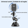 A black universal suction car phone mount with an articulating arm, showing 360-degree control and switching capabilities.