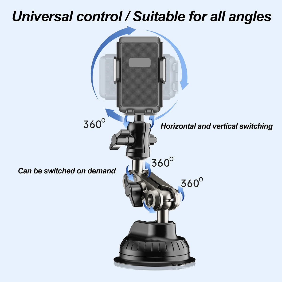 A black universal suction car phone mount with an articulating arm, showing 360-degree control and switching capabilities.