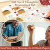 A collection of blank note cards and envelopes are shown being used to send personalized messages.