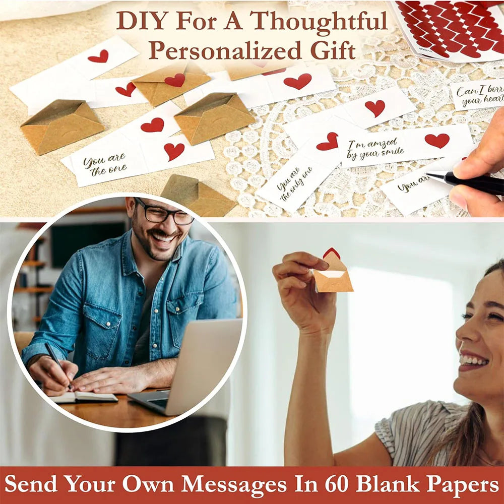 A collection of blank note cards and envelopes are shown being used to send personalized messages.