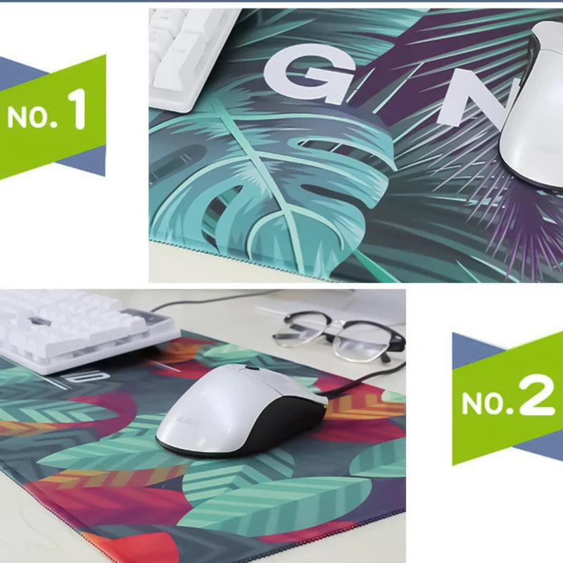 Two gaming mouse pads featuring money print designs, one with green and purple leaves and another with colorful tropical leav