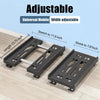A black adjustable PC tower stand shown in three sizes, demonstrating length adjustment.