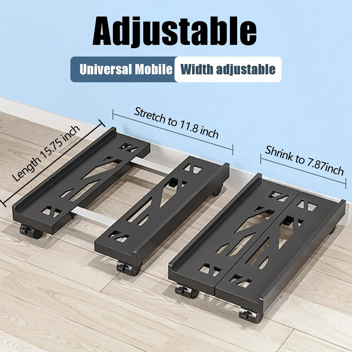 A black adjustable PC tower stand shown in three sizes, demonstrating length adjustment.