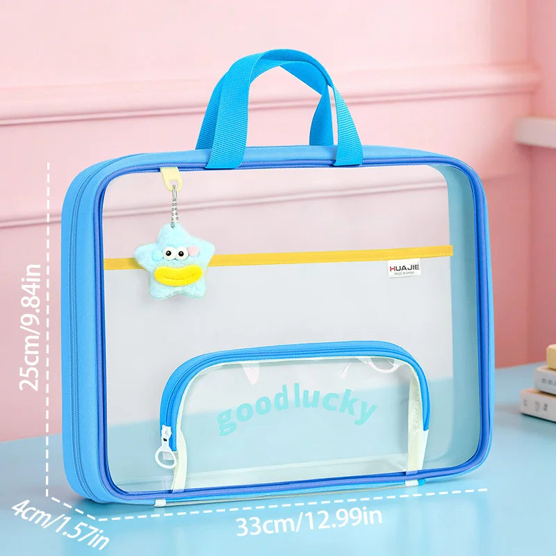 A light blue transparent mesh file bag with a handle and a clear zippered pocket, featuring a yellow accent.