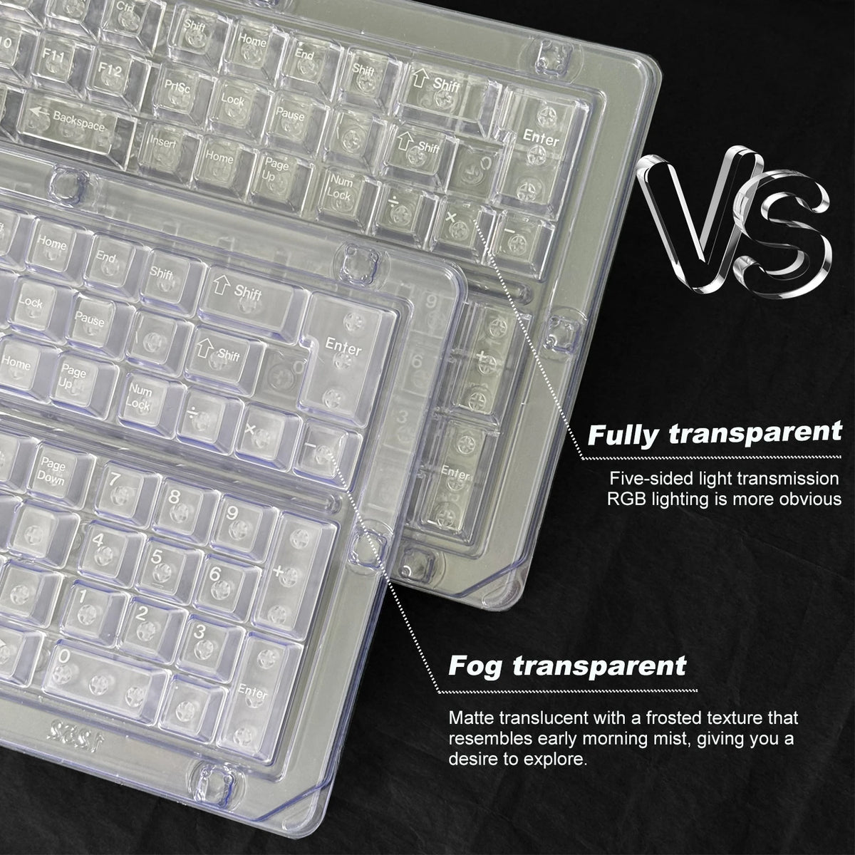 Vergleich von voll transparenten und nebeltransparenten PC-Keycaps für mechanische Tastaturen