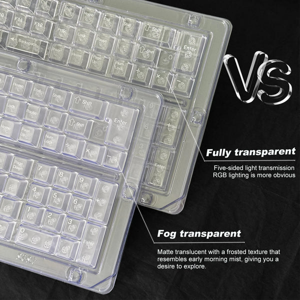 Comparison of fully transparent and fog transparent mechanical keyboard keycaps